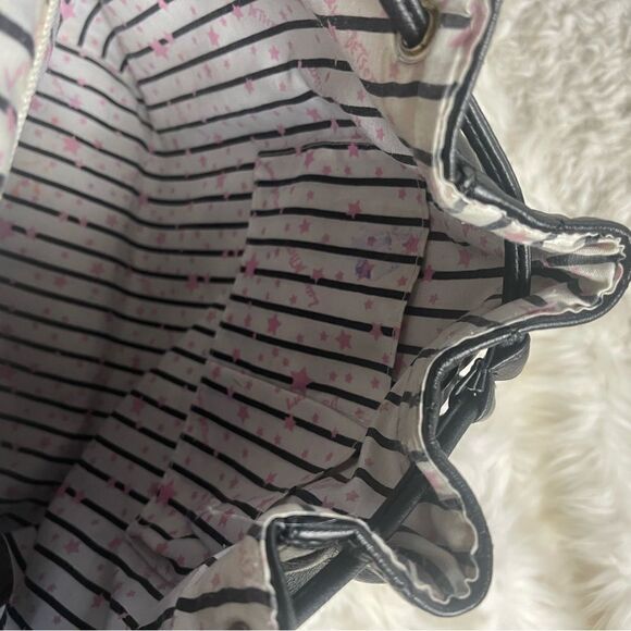 Betsey Johnson Rainbow Cat Black quilted Backpack drawstring closure .
